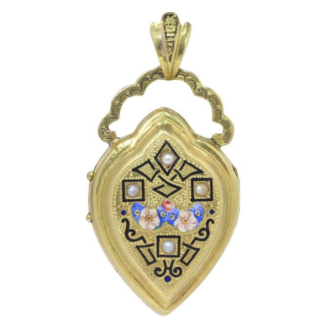 Vintage antique Victorian Biedermeier 18K gold locket with enamel and natural half seed pearls by Artiste Inconnu
