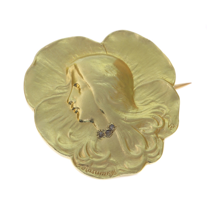 Art Nouveau brooch lady's head signed Rasumny by Unknown Artist