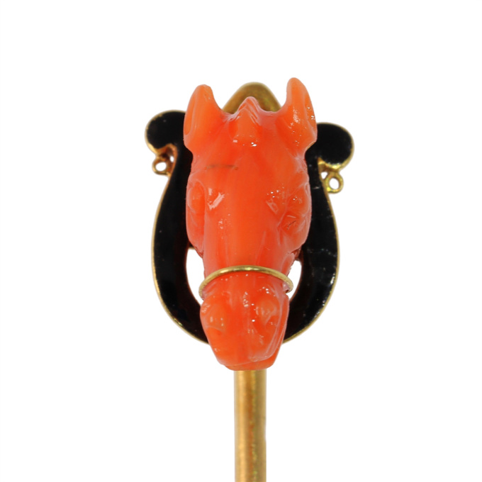 Equestrian Elegance: An Antique French Coral Horse Head Tiepin by Artiste Inconnu