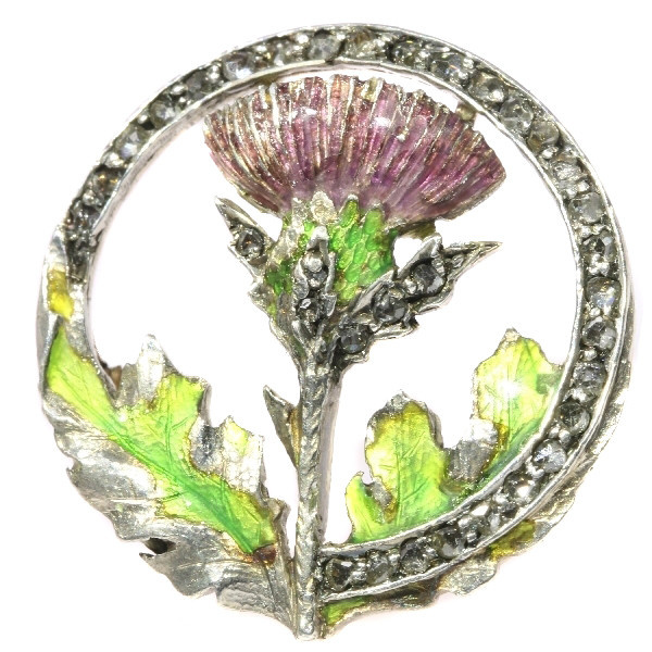 Late Victorian early Art Nouveau enameled thistle brooch with rose cut diamonds by Unbekannter Künstler