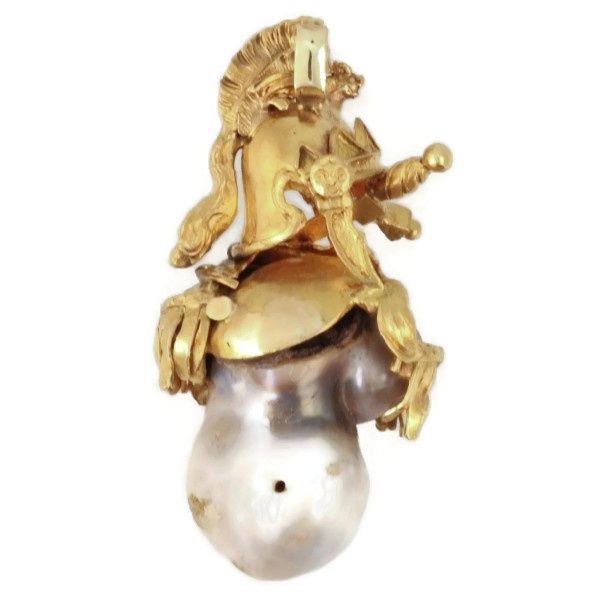Intriguing Victorian pendant with big baroque pearl and warrior adornments by Unbekannter Künstler