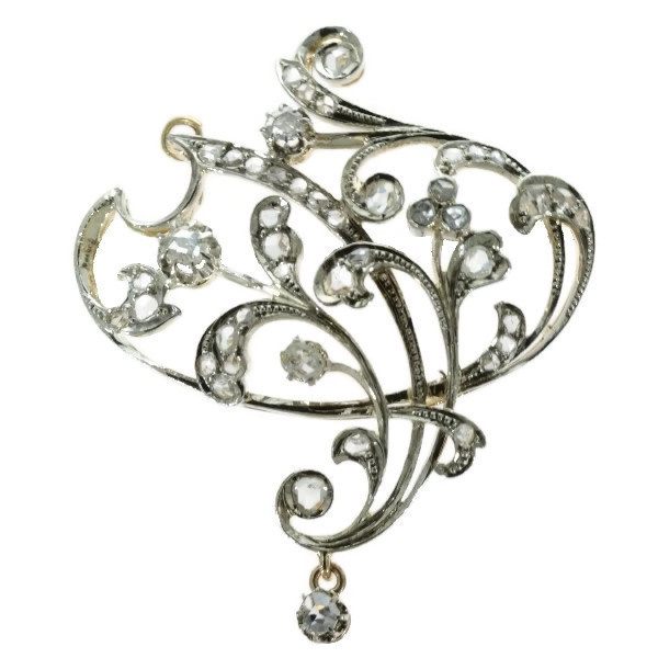 Art Nouveau brooch and pendant in gold with rose cut diamonds by Onbekende Kunstenaar
