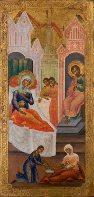 Antique Russian  icon: The Birth of the Virgin by Artiste Inconnu