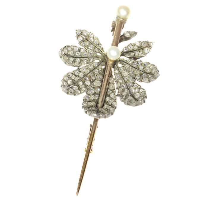 French Antique Victorian brooch chestnut leaf completely diamond covered by Unknown artist