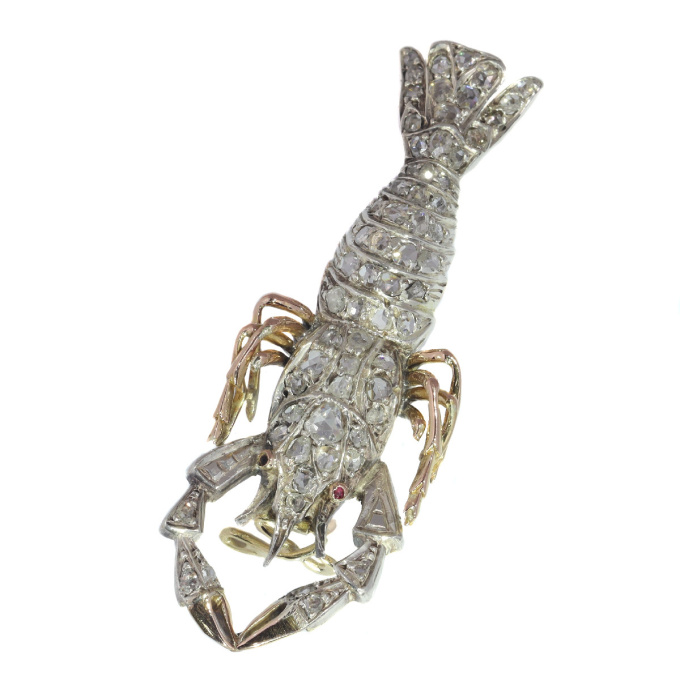 Antique gold and silver crayfish brooch fully embelished with rose cut diamonds by Artista Desconocido