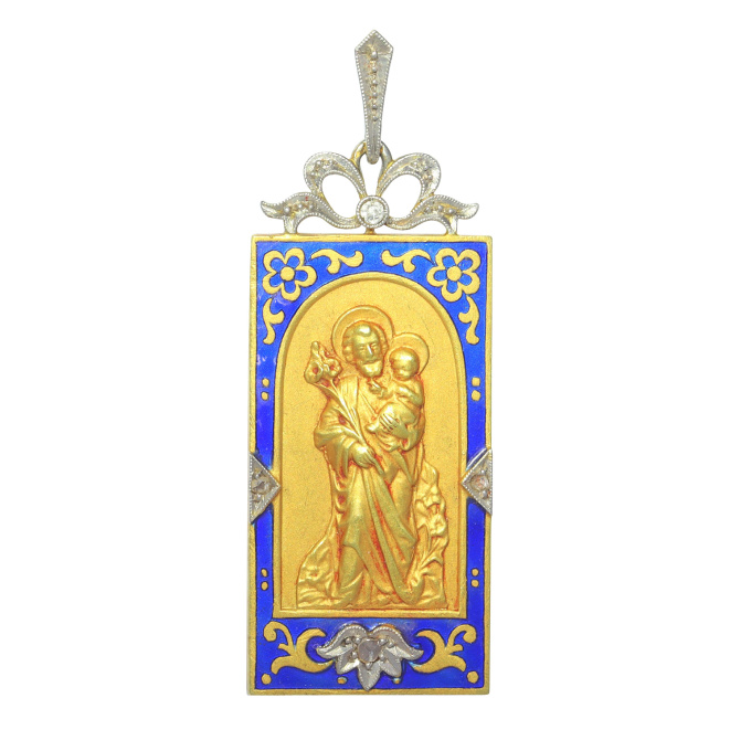 Vintage antique 18K gold pendant enameled and set with diamonds Saint Joseph holding baby Jesus by Artista Sconosciuto