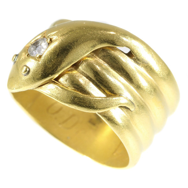 Antique gold English coiled snake ring with old brilliant cut diamond (ca. 1893) by Onbekende Kunstenaar