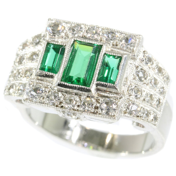 Unique ring pair of a Platinum Art Deco original with emeralds and its dummy model by Artista Sconosciuto