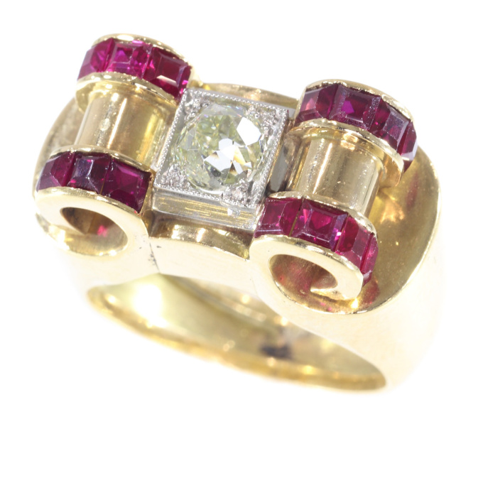 Impressive Retro ring with big old brilliant cut diamond and carre rubies by Artiste Inconnu