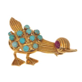 Vintage Fifties comical duck brooche with turquoises and ruby by Unknown Artist