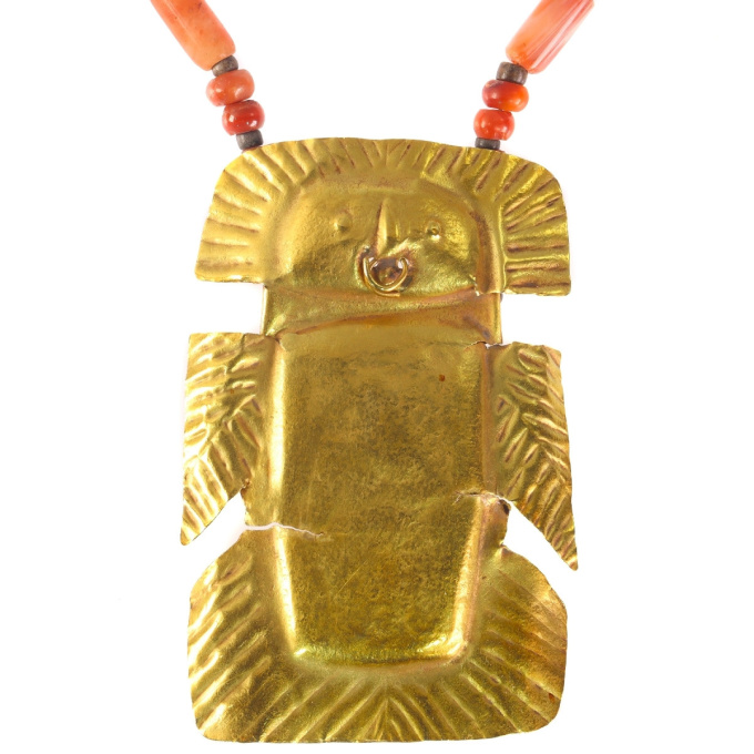 1200 years old Pre-Columbian gold pendant with carnelian necklace by Unknown Artist