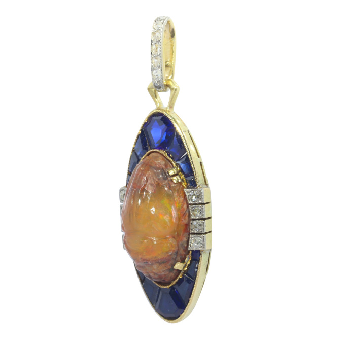 Vintage antique Art Deco neo-Egptian scarab pendant with diamonds sapphires and a Carrera fire opal by Unbekannter Künstler
