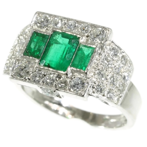 Unique ring pair of a Platinum Art Deco original with emeralds and its dummy model by Artiste Inconnu
