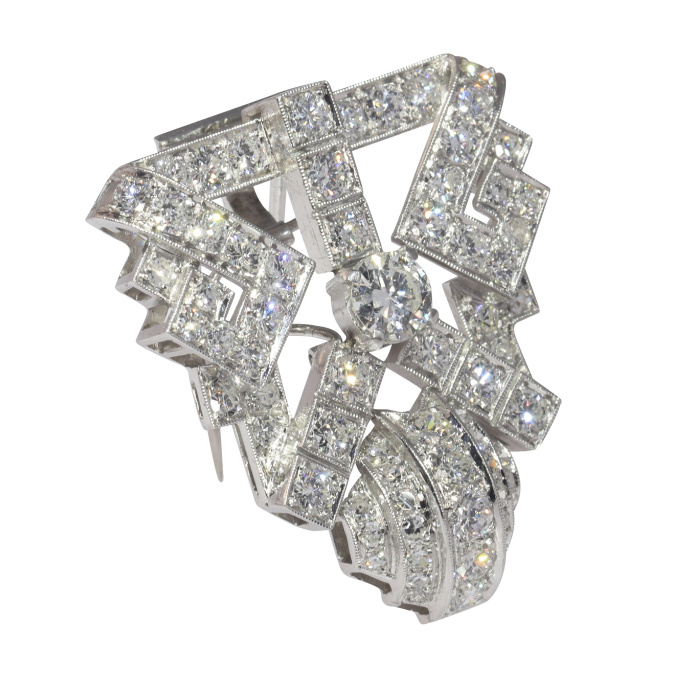 Vintage Fities Art Deco platinum and diamonds parure set brooch and earrings by Unknown Artist