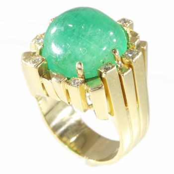 Vintage Seventies Modernistic Artist Design ring with large emerald and diamonds by Unknown Artist