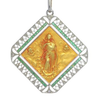 Vintage 1910's Edwardian - Art Deco diamond and emerald medal pendant Mother Mary Queen of Angels by Onbekende Kunstenaar