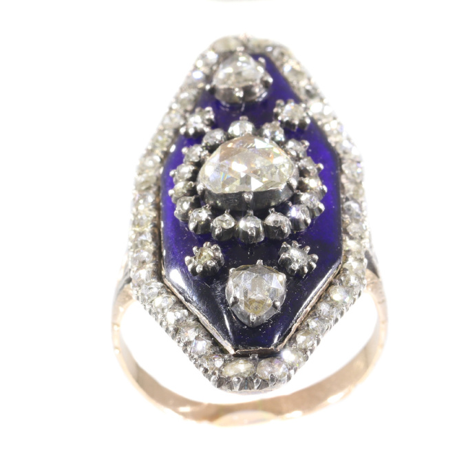 Magnificent Victorian rose cut diamond ring with blue enamel by Artista Desconocido