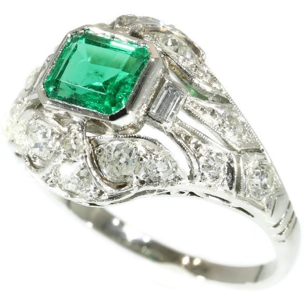 Platinum estate diamond engagement ring with truly magnificent Colombian emerald by Unknown artist
