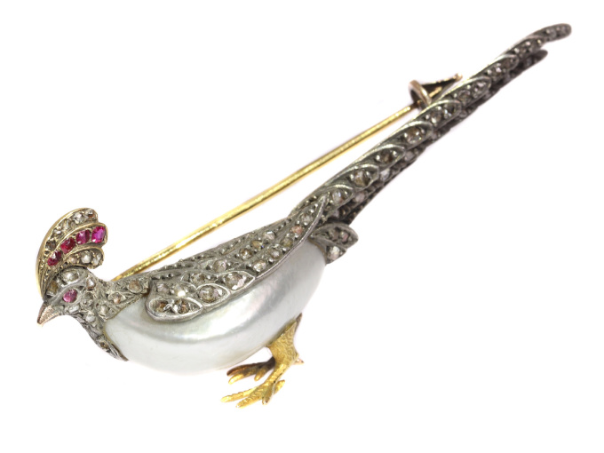 Antique French Victorian bird brooch pheasant with rubies and rose cut diamonds by Unknown artist
