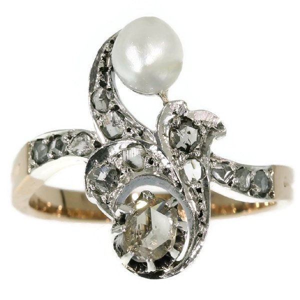 Antique diamond pearl ring Victorian cross over ring also called toi and moi by Unknown artist