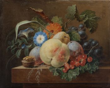 Still life with fruit and flowers – Stilleven met vruchten en bloemen by Maria Geertruida Barbiers