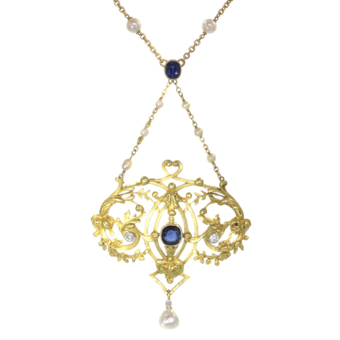 Late Victorian French gold pendant on chain with diamonds sapphires and pearls by Artiste Inconnu