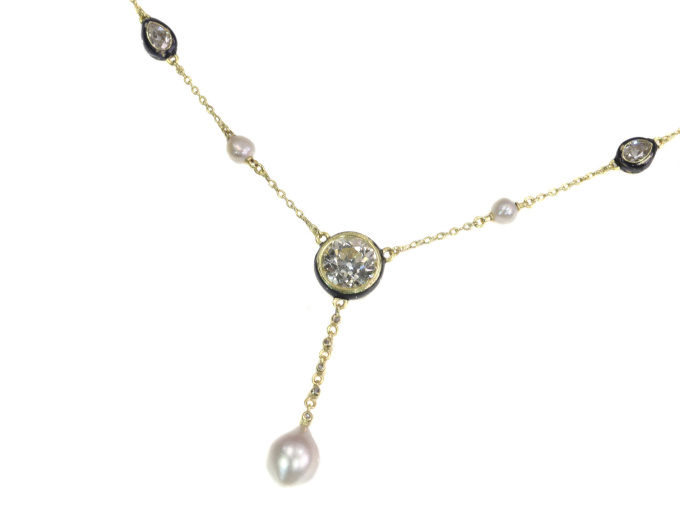 Antique 19th Century large diamond and large natural pearl necklace by Artista Sconosciuto