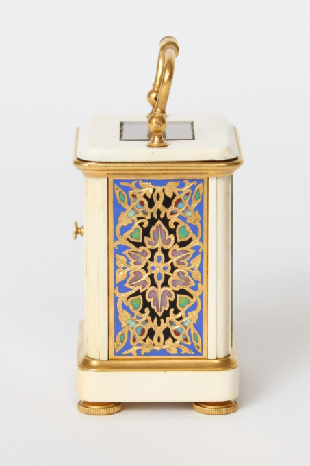 A miniature French cloisonne and ivory carriage timepiece, circa 1880 by Artista Desconocido