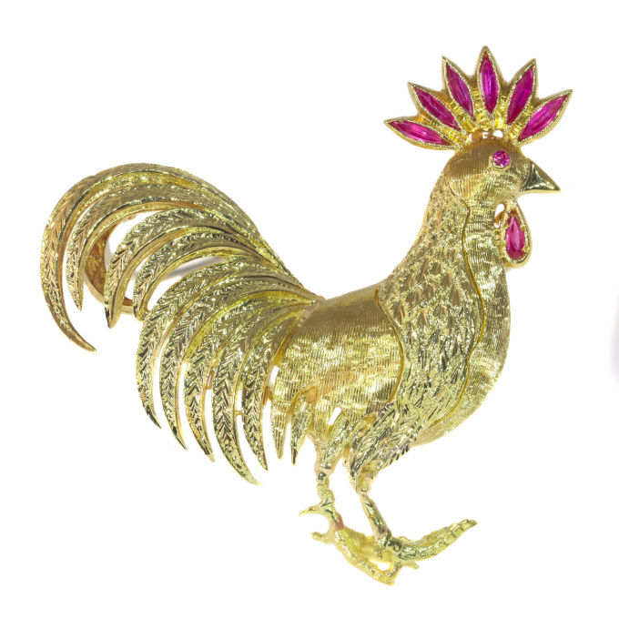 Vintage Fifties 18K gold brooch rooster with ruby comb by Artista Sconosciuto