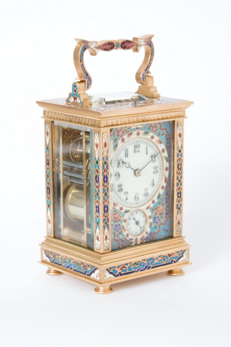 A French gilt brass cloisonne enamel carriage clock with grande sonnerie and alarm, circa 1890 by Artiste Inconnu