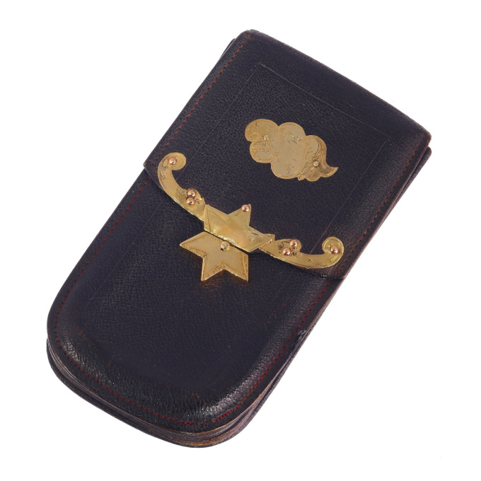 Dutch antique leather wallet with gold fittings and star motif by Unknown Artist