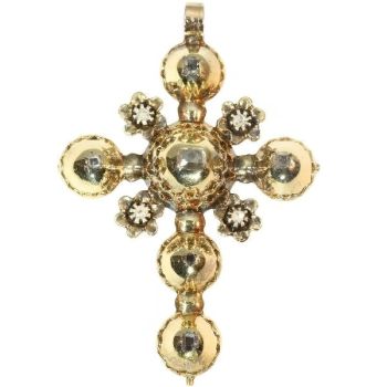 Antique Belgian gold cross pendant with old table cut rose cut diamonds by Artista Desconocido