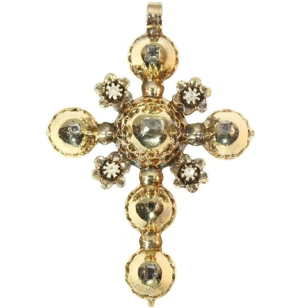 Antique Belgian gold cross pendant with old table cut rose cut diamonds by Onbekende Kunstenaar
