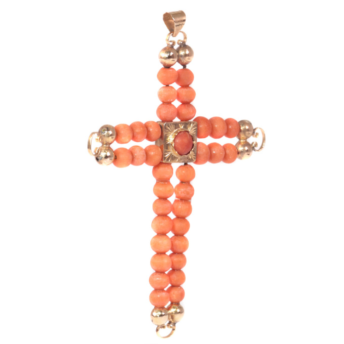 Antique Victorian 18K pink gold cross with blood coral beads by Unknown artist