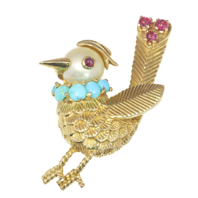 Vintage fanciful Fifties gold bejeweled bird brooch by Onbekende Kunstenaar