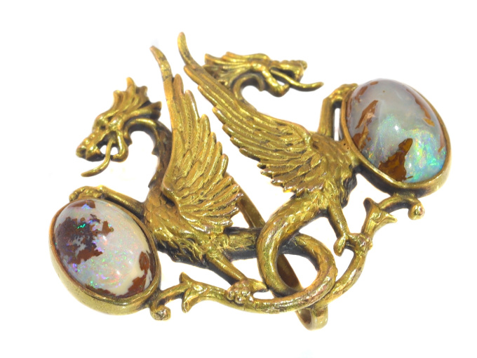 Charming Victorian brooch depicting two griffons protecting their eggs by Unknown artist