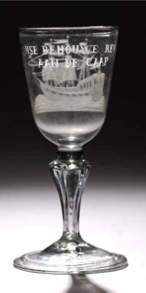 Glass with engraving of an Indiaman with text  “ONSE BEHOUWE REYS AAN DE CAAP” by Artiste Inconnu