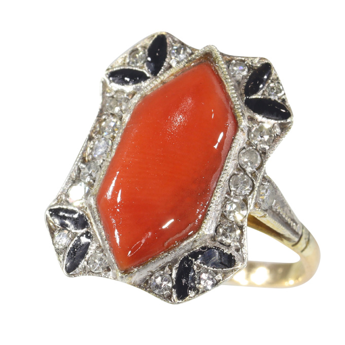 Vintage Art Deco ring with diamonds coral and black enamel by Unknown artist