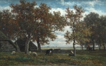 Farmstead with shepherdess, cows and sheep by Willem Roelofs